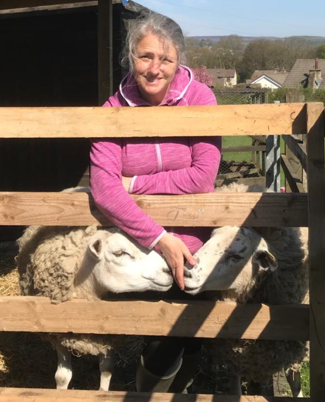 A smiling woman standing behind a fence, with two white sheep.