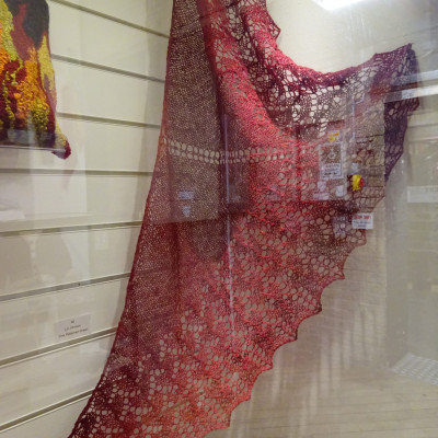 Red vine-patterned lacy shawl