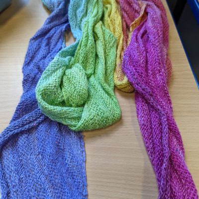 Rainbow coloured lacy scarf